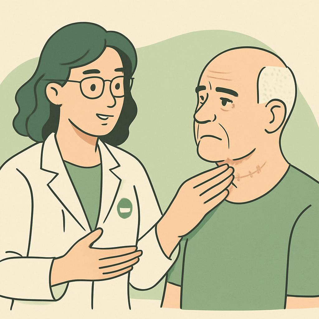 Paciente em reabilitação fonoaudiológica após tratamento de câncer de cabeça e pescoço